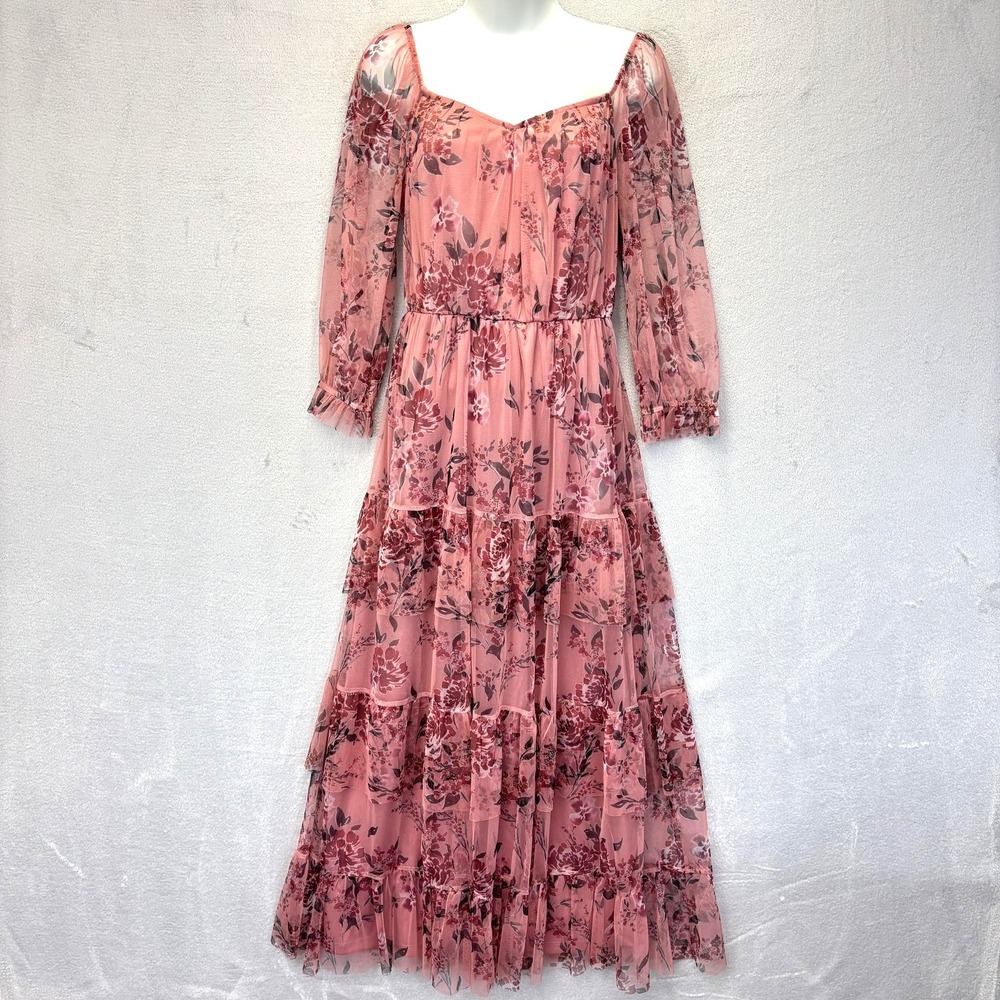 Candalite Sheer Tiered Maxi Dress Womens‎ M Pink Floral Whimsical Romantic Flowy
